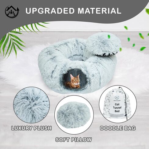 Large Cat Tunnel Bed for Indoor Cats Warm Fluffy Plush Cat Cave Tunnel Bed Collapsible, Washable, 3 Way and Multifunctional with Dangling Balls for Cats, Kittens and Rabbits- Gray in Saudi Arabia