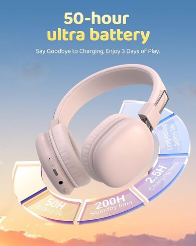 Kids Bluetooth Headphones, Wireless Headphones with HD ANC Microphone, 50 Hours Playtime, Safe Volume, Type C Fast Charging, Foldable On-Ear Headphones for Children/Teens/Smart Device(Pink) in Saudi Arabia