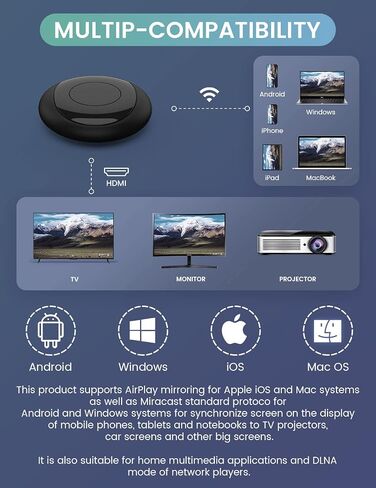 محول دونجل عرض HDMI لاسلكي - بث فوري من الكمبيوتر المحمول، الكمبيوتر الشخصي، الهاتف الذكي إلى HDTV/جهاز العرض - لا يوجد إعداد، لا حاجة إلى تطبيق - متوافق مع iOS، Android، Windows، MacOS in Saudi Arabia