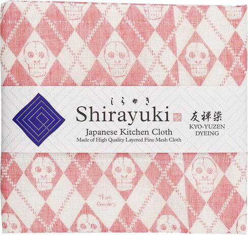 Shirayuki Japanese Kitchen Cloth KYO-YUZEN. Made Layered Fine Mesh Cloth. Dish Wipe, Table Wipe, Hand Wipe. Made in Japan (Pink, Happy Skull) in Saudi Arabia