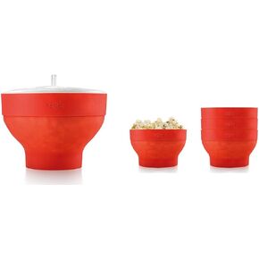 Lekue Jumbo Popcorn Maker with 4 Collapsible Bowls - Platinum Silicone Microwavable Popcorn Bowl Set, Fresh Popcorn in Minutes - Space-Saving & Dishwasher Safe - Healthy Popcorn Recipes included