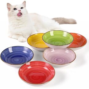 Cat Food Bowls Cat Dishes - Small Ceramic Cat Bowl Set of 6 - Multicolor Swirl Series Cat Feeding Bowls - Wide Shallow Cat Plates Whisker Friendly - Microwave Dishwasher Safe - 5.7" x 1.3" - 8.5 oz