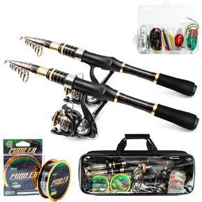Fishing Rod and Reel Combo, Collapsible Fishing Kits, Carbon Fiber Fishing Pole Spinning Reel Lures Set with Carrier Bag, Fishing Gear for Adults Travel Saltwater Freshwater