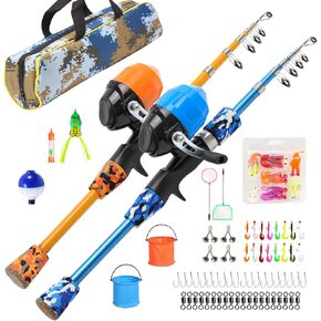 Kid Fishing Pole,BETTER LEADER Small Fishing Pole and Reel Combo Portable Telescopic Kids Fishing kit-with Soft Bait Set, Small Buckets, Small Fishing nets, Fishing Gift