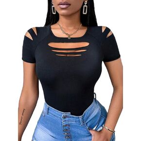 Hilinker Women's Cut Out Cold Shoulder Tops Cute Summer Sexy Short Sleeve Shirts