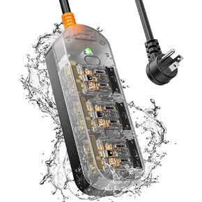 EIGSO Crystal Clear Power Strip, IPX6 Grade Waterproof Surge Protector with 3 AC Outlets, 5FT Heavy Duty Extension Cord for Indoor Outdoor, Crystal Black