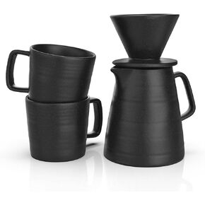 Pour Over Drip Coffee Maker Gift Set with Two Coffee Mugs, Non-Electric Pour Over Coffee Dripper, Easy Manual Brew Maker, Dishwasher and Microwave Safe, Filters not included (Black)