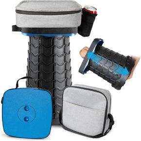 Square Collapsible Stool with 3-in-1 Carry Bag, Adjustable Retractable Portable Stool Max Load 360lbs, Foldable Stool with Cushion & Beverage Holder, Camping Stool for Fishing Hiking (Black)