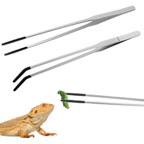 Long Tweezers 2 Pcs Reptile Feeding Tongs 2 Pcs Stainless Steel Tweezers with Rubber Tips Straight and Curved Design for Bearded Dragons Snakes Fish Aquarium Use Safe and Reliable Feeding Tools
