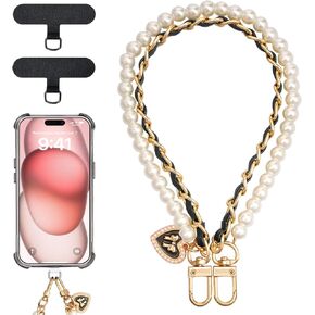 TiMOVO Beaded Pearls Phone Lanyard Wrist Strap for Phone Case, Detachable Phone Wristlet with Tether Tab, Hands-Free Phone Charm Bracelet Strap for Women, Gold + Black + White