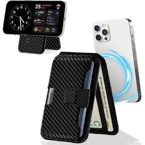 Magsafe Wallet Stand, Adjustable Stand Magnetic Wallet for iPhone 16/15/14/13/12 Series, Magsafe Card Holder 7 Cards, ID Window, Magnetic Clasp Protects Wallet Stand Safety , Carbon Fiber, Black