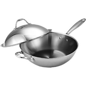 Cooks Standard Multi-Ply Clad Stainless Steel Wok Stir Fry Pan, 10.5 inch Induction Wok with Lid, Flat Bottom Wok, Silve