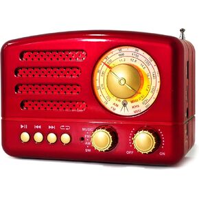 Retro Portable AM FM Vintage Radio Shortwave Radio with Bluetooth, Portable Transistor Radio Receiver, Rechargeable Battery Operated, Support TF Card AUX USB MP3 Player for Elder (Red)