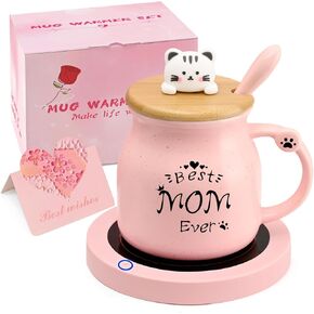 Coffee Mug Warmer, Cute Cat Mug Set, Coffee Cup Warmer for Desk, Gifts for Women, Pink Heated Coffee Warmer for Mom Home Office Christmas Birthday Gifts
