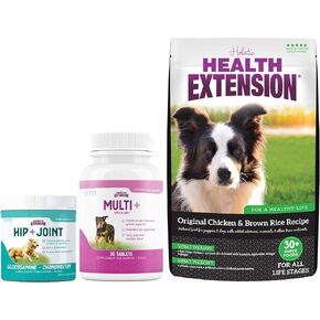 Health Extension Supplements Bundle - Dry Dog Food Chicken & Brown Rice Recipe (4 lbs), Joint & Hip Supplement Cheese Flavored Powder (8oz), Multivitamin (30 Tablets) - Complete Nutrition for Dogs