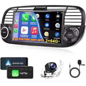 for Fiat 500 Stereo 2007-2015 Car Stereo with CarPlay & Android Auto 7 Inch IPS 2+64G with Mic Backup Camera GPS/WiFi/FM/USB/Mirror Link