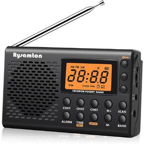 Portable AM/FM/Shortwave Radio, Batteries Operated Pocket Radios, Large Digital Display, Clock Radio with Alarm and Sleep Function, Earphone Included