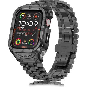 Stainless Steel Case/Band Compatiable for Apple Watch Band 49mm 45mm 44mm 42mm-Rugged Metal iWatch Case and Strap for Men iWatch Band Series 9/8/7/6/5/4/3/2/1/Ultra/Ultra 2/SE