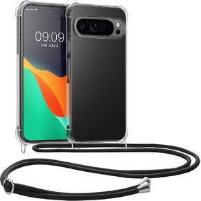 kwmobile Crossbody Case Compatible with Google Pixel 9 Pro XL Case - Clear TPU Phone Cover w/Lanyard Cord Strap - Transparent/Black