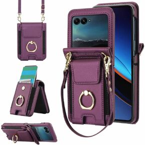 for Motorola Moto razr 2024 Wallet case with Hand Strap & Neck Strap & Ring Holder & Hinge Protection,Portable Card Case Shock Absorption Cover (Dark Purple, Razr 2024)