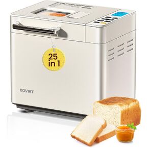 25-in-1 Bread Maker Machine with Automatic Dual Dispenser, 2LB Stainless Steel Breadmaker with Gluten-Free, Dough, Jam, Yogurt etc Settings, Silver