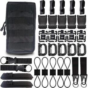 32PCS MOLLE Accessories Kit, Tactical Backpack Attachment Set with Key Holder, D-Ring Grimloc Clips, Strap Management Buckles, Elastic Web Dominators, Enhanced Versatility for Gear Organization