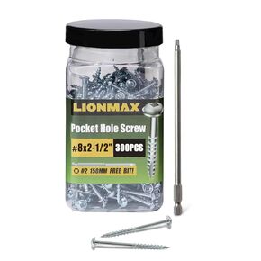 LIONMAX Pocket Wood Screws #8 x 2-1/2", Interior Wood Screws 285PCS, Zinc Plated Screws with Coarse Thread, Washer Head Square Drive, for Pocket Hole Jig, 150MM Drive Bit Included