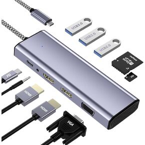 Docking Station Dual Monitor, USB C to Dual HDMI Adapter, Laptop Docking Station, USB C Docking Station, USB C Hub 10 in 1 Docking Station 3 Monitors with HDMI/VGA/PD/USB/SD/TF/3.5mm Audio