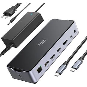 USB C Docking Station 3 Monitors Laptop USB C Dock Dual Monitor with 2 HDMI DisplayPort 4K144Hz,USB A 2.0/3.0,USB C 3.1 10Gbps&30W Output,Ethernet,MicroSD&SD,Audio&Mic,150W DC Power for Dell/Lenovo/HP
