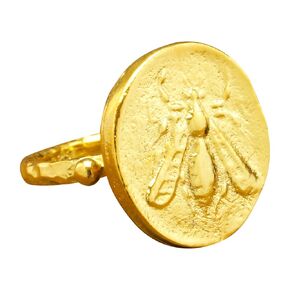 Caprixus Signet Ring 925 Sterling Silver Ancient Greek Art Greece Ephesus Tetradrachm Honey Bee Signet Coin Ring 24K Yellow Gold Vermeil Handcrafted Hammered Artisan Roman Art Granulated Jewelry