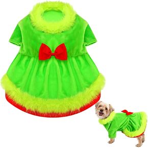 Christmas Dog Costume Green Elf Female Dog Dress Outfit Holiday Furry Pet Velvet Skirt for Dogs Girl and Cats Funny Puppy Clothes Cute Christmas Cosplay Party(Large)