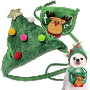 Dog Christmas Hat & Bandana, Dog Christmas Outfit Costumes, Santa Hat Scarf Pet Decoration Gift Xmas Holiday Party Cosplay for Small Medium Dog Cat (Red)