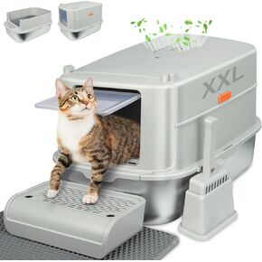 Stainless Steel Cat Litter Box with Lid,XL Enclosed Metal Cat Litter Box,Covered Removable Stainless Steel Cat Litter Box,with Litter Scoop & Foot Pedal & Litter Mat,Odor Control,Easy Cleaning