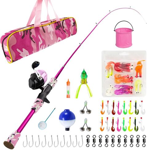 Kid Fishing Pole,BETTER LEADER Small Fishing Pole and Reel Combo Portable Telescopic Kids Fishing kit-with Soft Bait Set, Small Buckets, Small Fishing nets, Fishing Gift in Saudi Arabia