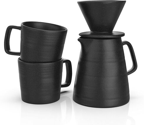 Pour Over Drip Coffee Maker Gift Set with Two Coffee Mugs, Non-Electric Pour Over Coffee Dripper, Easy Manual Brew Maker, Dishwasher and Microwave Safe, Filters not included (Black) in Saudi Arabia