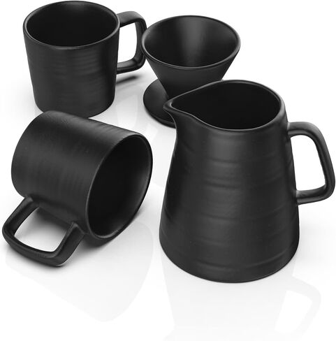 Pour Over Drip Coffee Maker Gift Set with Two Coffee Mugs, Non-Electric Pour Over Coffee Dripper, Easy Manual Brew Maker, Dishwasher and Microwave Safe, Filters not included (Black) in Saudi Arabia