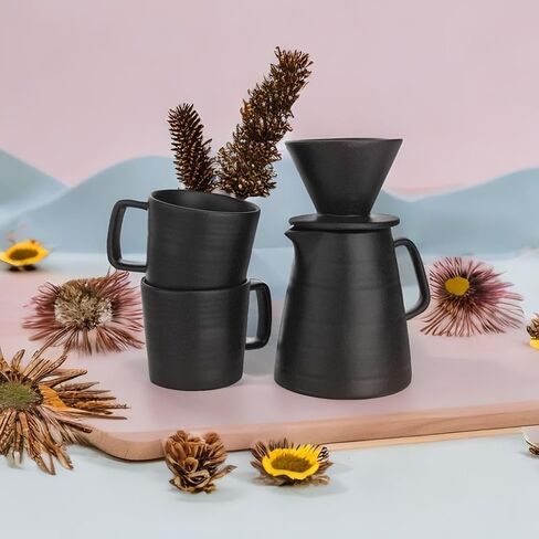 Pour Over Drip Coffee Maker Gift Set with Two Coffee Mugs, Non-Electric Pour Over Coffee Dripper, Easy Manual Brew Maker, Dishwasher and Microwave Safe, Filters not included (Black) in Saudi Arabia