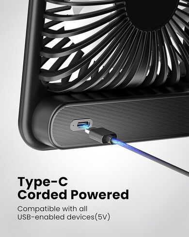 Koonie USB Desk Fan, Strong Wind Ultra Quiet Small Personal Fan with 180° Tilt Folding and 3 Speeds Adjustable, USB-C Corded Powered Mini USB Fan for Office Desktop Bedroom in Saudi Arabia