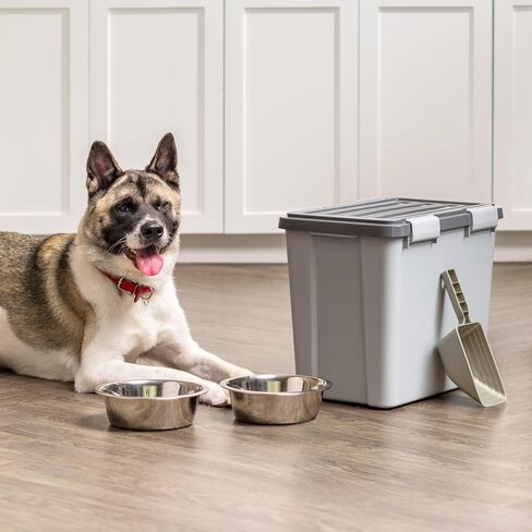 IRIS USA Stackable Dog Food Storage Container with 2 Cup Scoop, Up to 30 lbs, Pet Dry Food Bin, Gasket Seal Lid, BPA Free, Stackable, Secure Latches, Easy Measure, Gray/Dark Gray in Kuwait