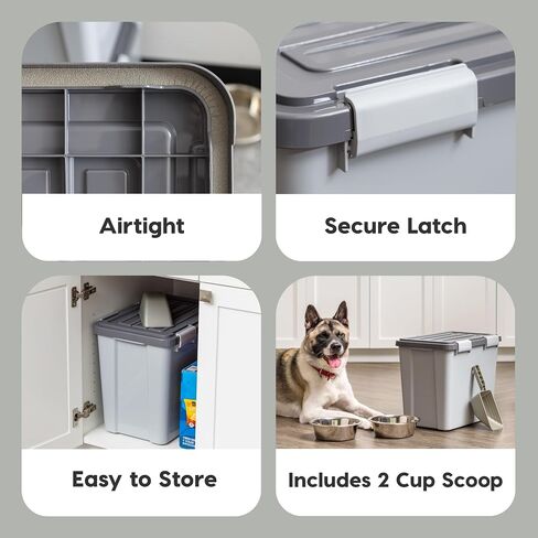 IRIS USA Stackable Dog Food Storage Container with 2 Cup Scoop, Up to 30 lbs, Pet Dry Food Bin, Gasket Seal Lid, BPA Free, Stackable, Secure Latches, Easy Measure, Gray/Dark Gray in Kuwait