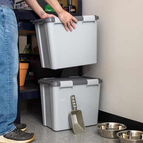 IRIS USA Stackable Dog Food Storage Container with 2 Cup Scoop, Up to 30 lbs, Pet Dry Food Bin, Gasket Seal Lid, BPA Free, Stackable, Secure Latches, Easy Measure, Gray/Dark Gray in Kuwait