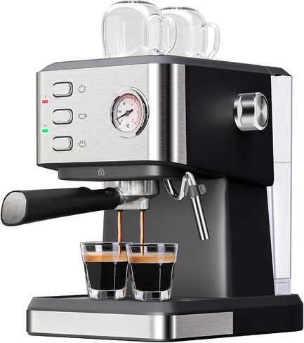 20 Bar Espresso Coffee Machine, Professional Compact Coffee Maker with 50oz Removable Water Tank, Milk Frother Steam Wand, Clear Thermometer, Cappuccino, Latte, Americano, Machiato, Silver in Saudi Arabia