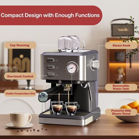 20 Bar Espresso Coffee Machine, Professional Compact Coffee Maker with 50oz Removable Water Tank, Milk Frother Steam Wand, Clear Thermometer, Cappuccino, Latte, Americano, Machiato, Silver in Saudi Arabia