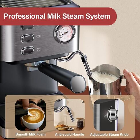 20 Bar Espresso Coffee Machine, Professional Compact Coffee Maker with 50oz Removable Water Tank, Milk Frother Steam Wand, Clear Thermometer, Cappuccino, Latte, Americano, Machiato, Silver in Saudi Arabia