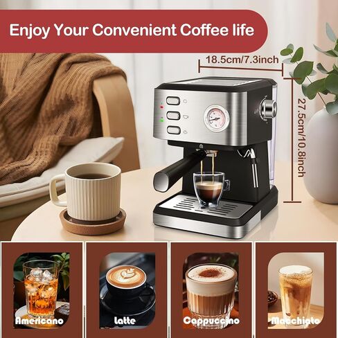 20 Bar Espresso Coffee Machine, Professional Compact Coffee Maker with 50oz Removable Water Tank, Milk Frother Steam Wand, Clear Thermometer, Cappuccino, Latte, Americano, Machiato, Silver in Saudi Arabia