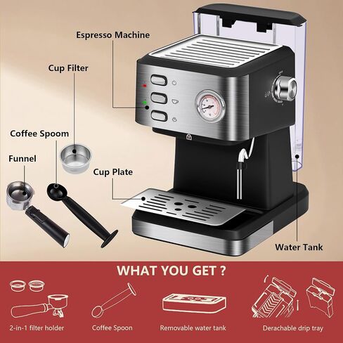 20 Bar Espresso Coffee Machine, Professional Compact Coffee Maker with 50oz Removable Water Tank, Milk Frother Steam Wand, Clear Thermometer, Cappuccino, Latte, Americano, Machiato, Silver in Saudi Arabia