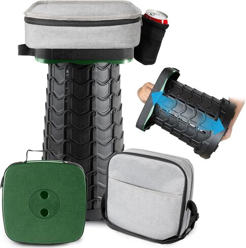 Square Collapsible Stool with 3-in-1 Carry Bag, Adjustable Retractable Portable Stool Max Load 360lbs, Foldable Stool with Cushion & Beverage Holder, Camping Stool for Fishing Hiking (Black) in Saudi Arabia