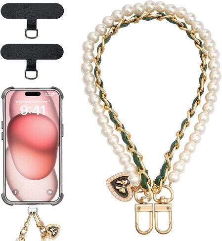 TiMOVO Beaded Pearls Phone Lanyard Wrist Strap for Phone Case, Detachable Phone Wristlet with Tether Tab, Hands-Free Phone Charm Bracelet Strap for Women, Gold + Black + White in Saudi Arabia
