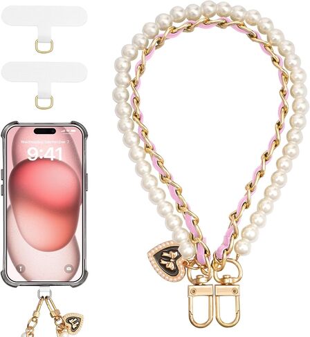 TiMOVO Beaded Pearls Phone Lanyard Wrist Strap for Phone Case, Detachable Phone Wristlet with Tether Tab, Hands-Free Phone Charm Bracelet Strap for Women, Gold + Black + White in Saudi Arabia