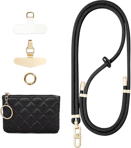 Clip and Go Phone Strap with Leather Zipper Pouch Bag, Phone Charm Neck Stylish Crossbody Adjustable Chain Lanyard Wallet in Saudi Arabia